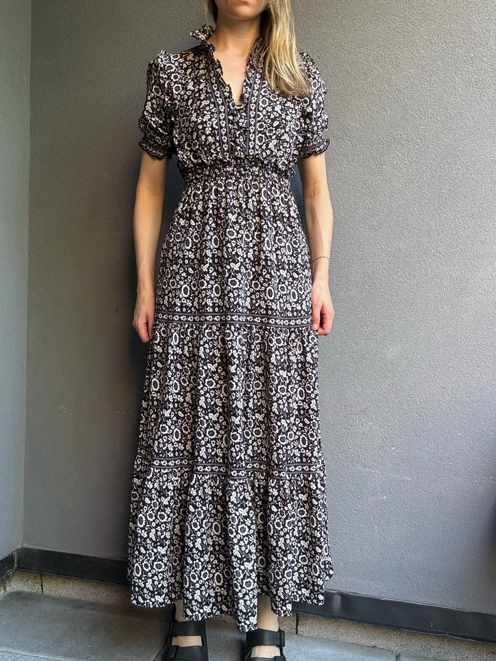 Max Studio Black and White Floral Tiered Maxi Dress - Size Small
